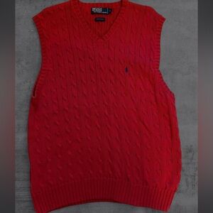 Polo Ralph Lauren Red Cable Knit Cotton Preppy V Neck Sweater Vest